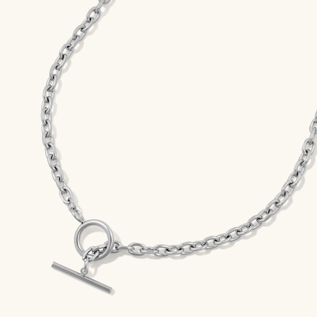 Close-up of silver chain necklace with toggle clasp on cream background