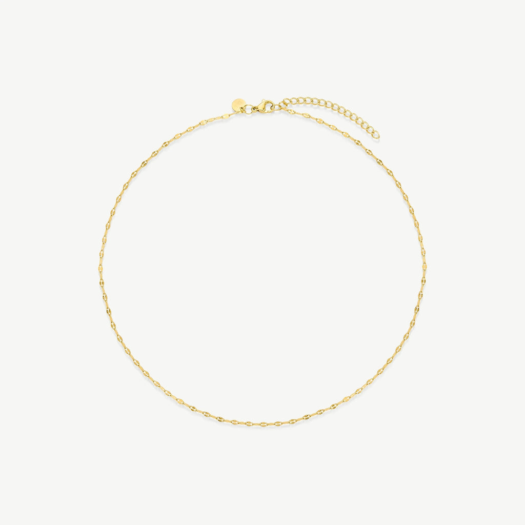Delicate gold chain necklace with small oval links and adjustable clasp on white background
