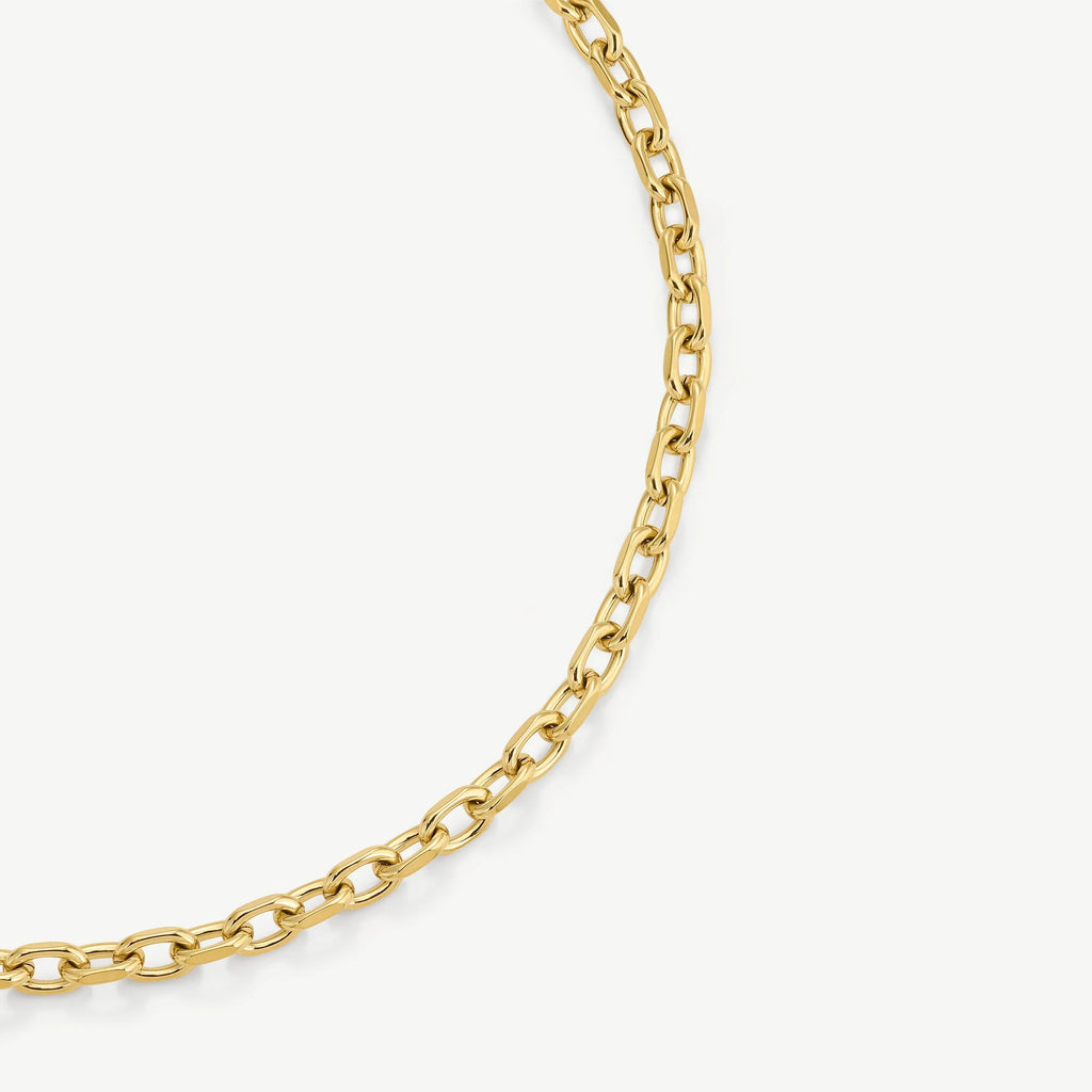 Close-up of a gold link chain necklace on white background
