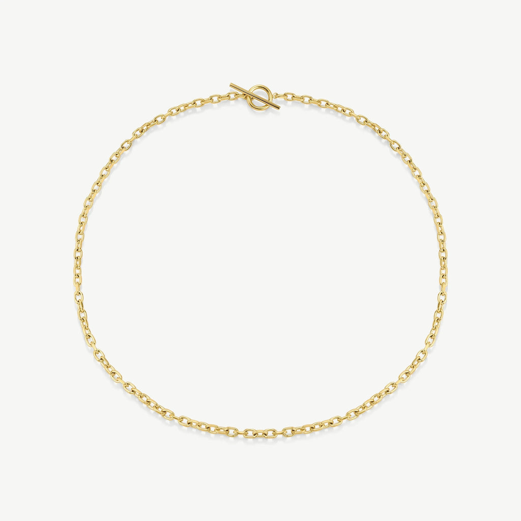 Gold chain necklace with toggle clasp on white background