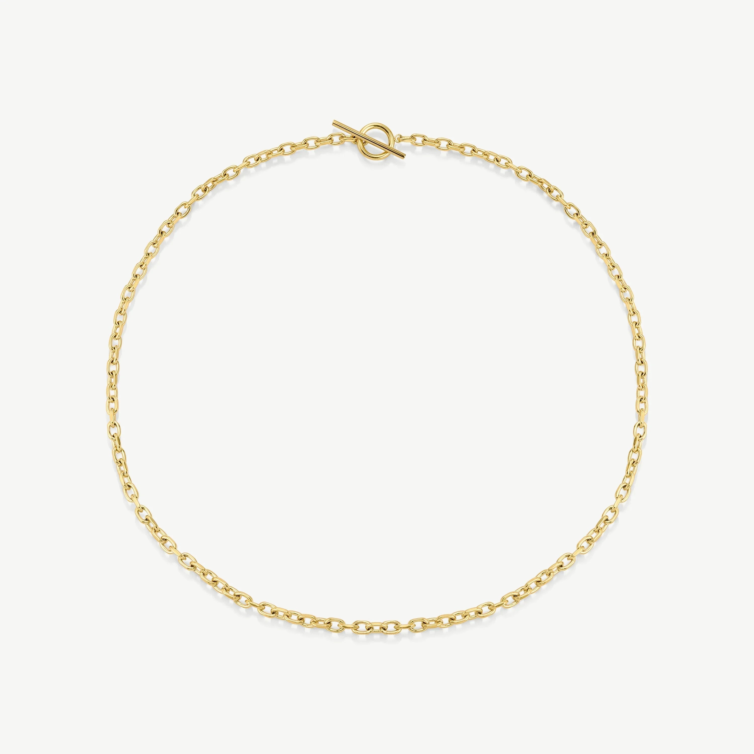 Gold chain necklace with toggle clasp on white background