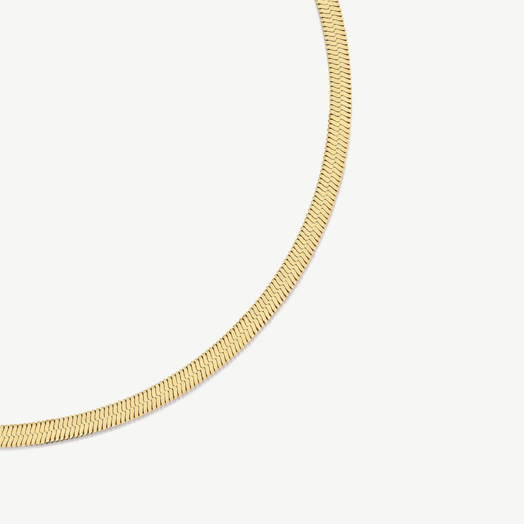 Close-up of a gold herringbone chain necklace on a white background